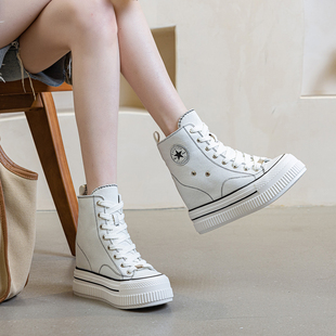 内增高女鞋12cm冬季加绒超高跟厚底高帮帆布鞋休闲百搭显高小个子