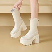 真皮马丁靴粗跟12厘米中筒靴女皮面厚底小个英伦风短靴时装 骑士靴