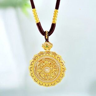 金店同款古法沙金镂空花丝八宝罗盘可转动项链国潮风鎏金棕绳项链