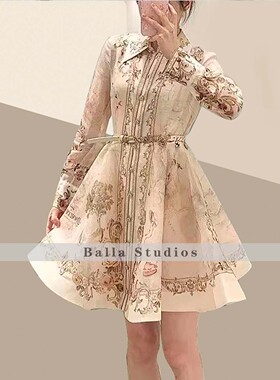 balla复古花纹印花翻领收腰荷叶边长袖连衣裙女
