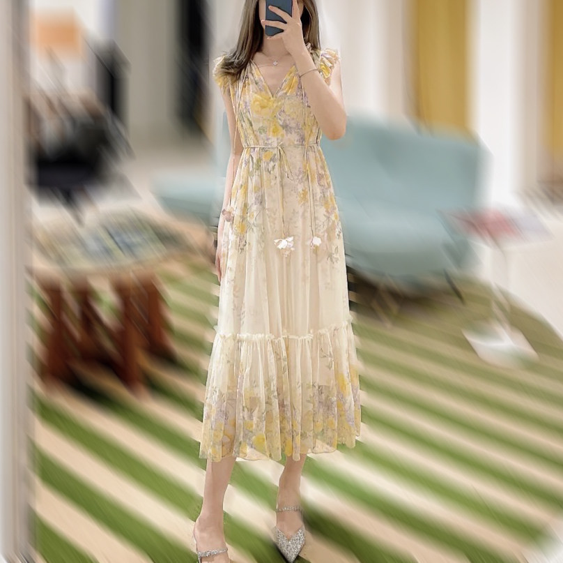 balla定位印花真丝连衣裙木耳边系带V领飘逸仙女连身裙