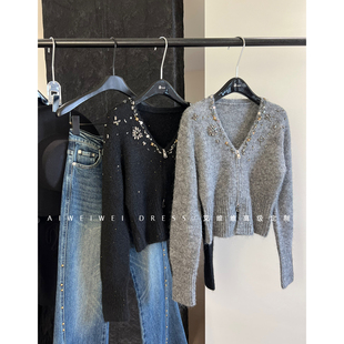 【重工花朵钉珠】小众设计 双拉链显瘦V领针织开衫毛衣外套女秋冬