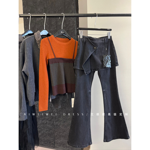 小众设计师款假两件！侧纽扣时髦显瘦黑色微喇叭牛仔长裤秋冬新款