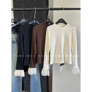 口拼纱喇叭袖 袖 圆领T恤女冬 软糯亲肤弹力 小众设计叠穿打底BI入