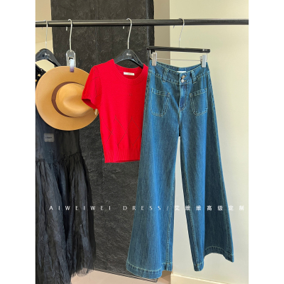 特价！推荐】JU百搭显瘦 小众设计师 美式复古口袋直筒牛仔裤长裤