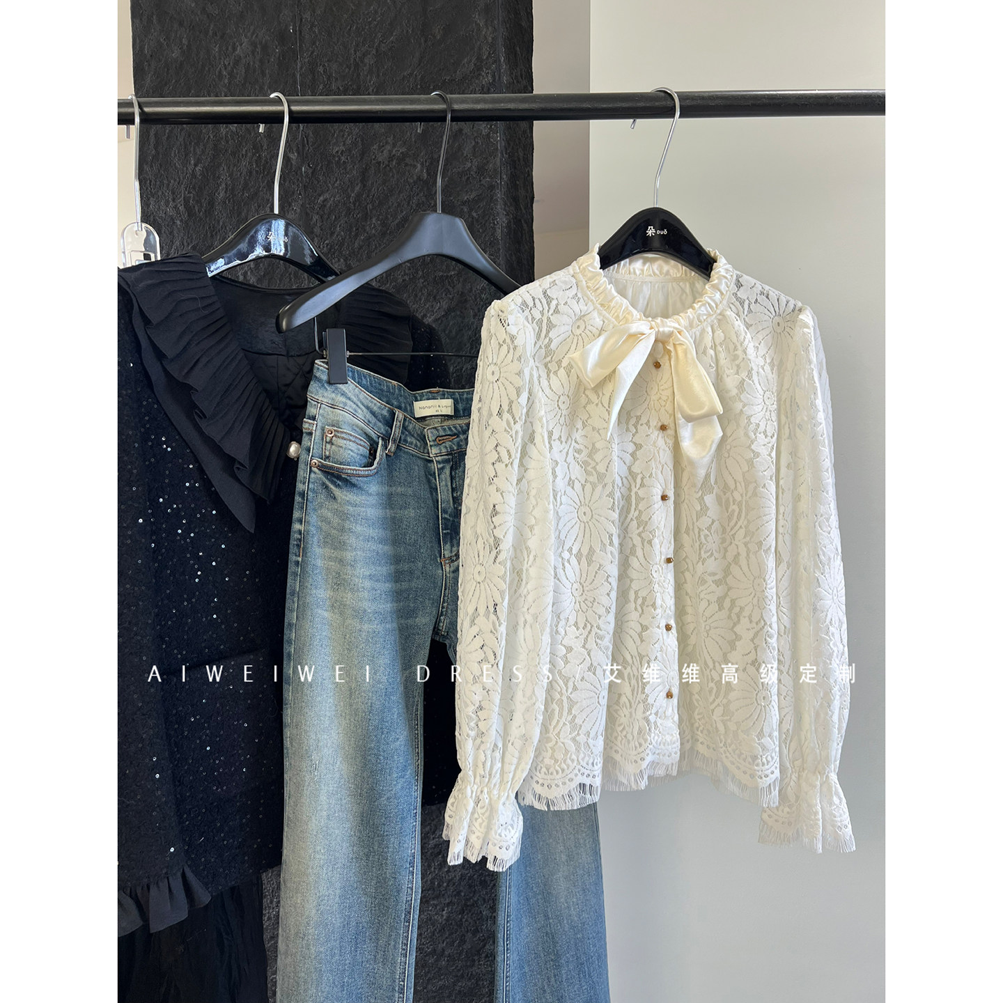 高定设计师/重工蕾丝刺绣 法式飘带蝴蝶结领 叠穿单穿宽松衬衫女