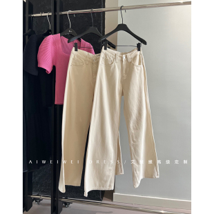 新款 春季 柔软舒服 米白色银扣直筒牛仔裤 特价 阔腿长裤 捡漏