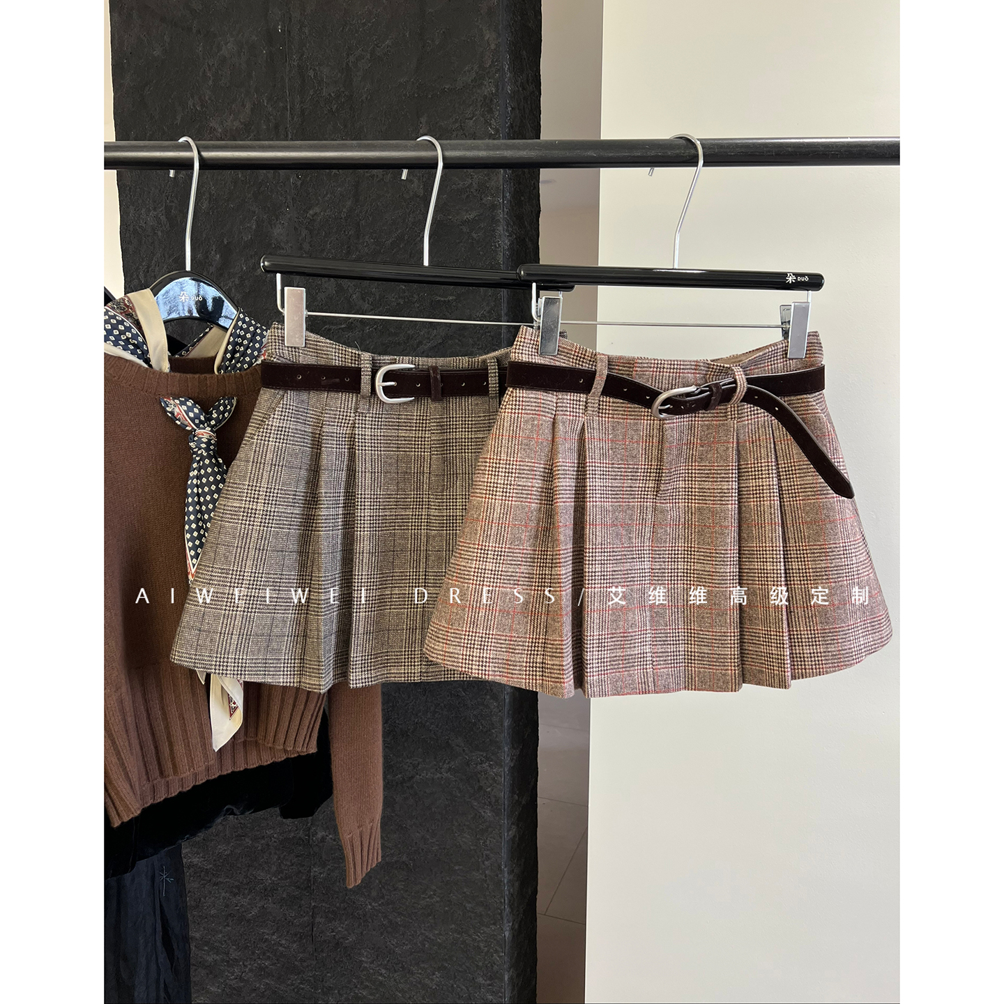 小众设计师款/千金感减龄复古格纹撞色 带腰带百褶短裙女冬季新款