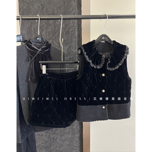 【真丝丝绒套装】夹棉 法式减龄娃娃领马甲背心+松紧腰阔腿短裤冬