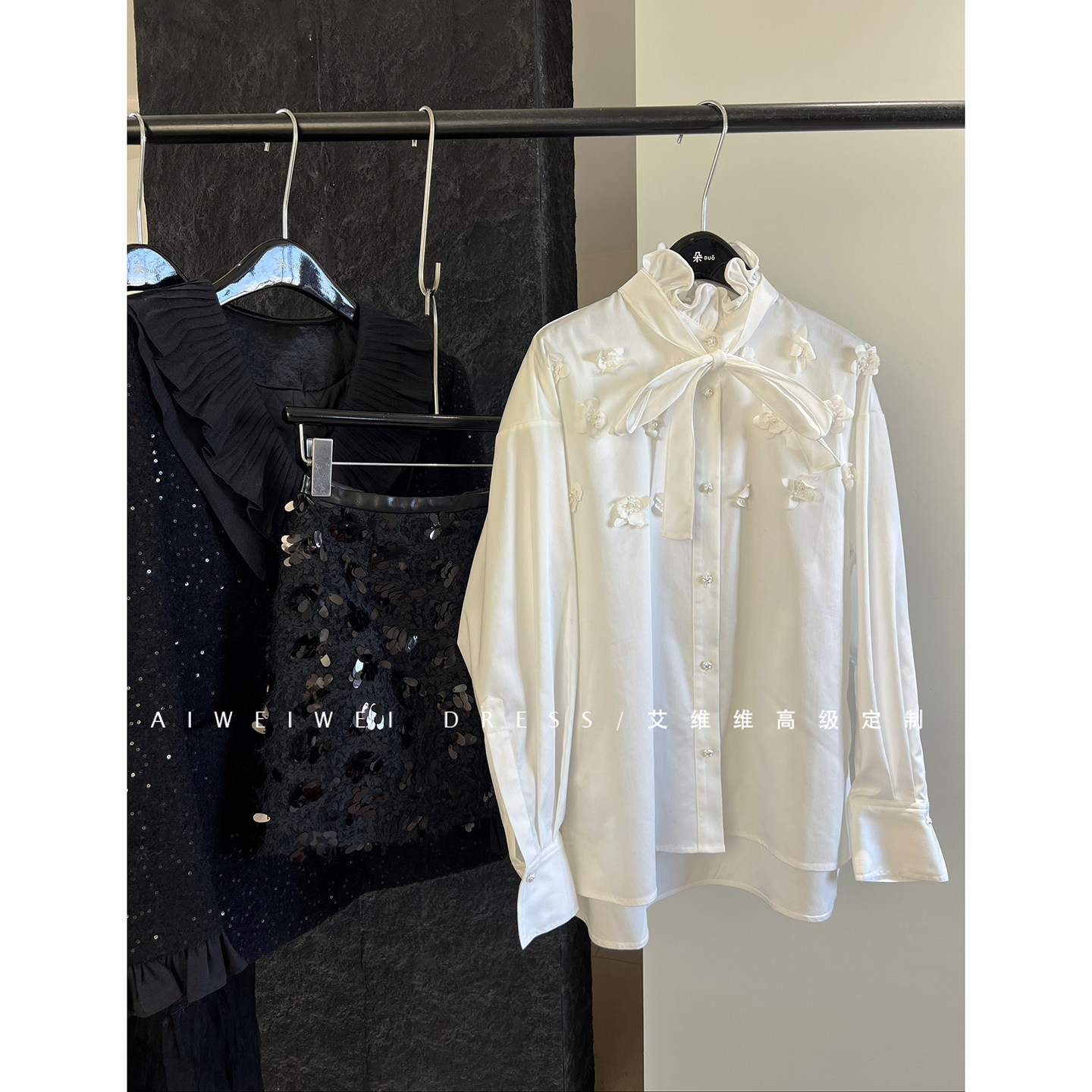 【重工立体珍珠花朵】花边立领 蝴蝶结领结 天丝+棉 叠穿衬衫秋冬