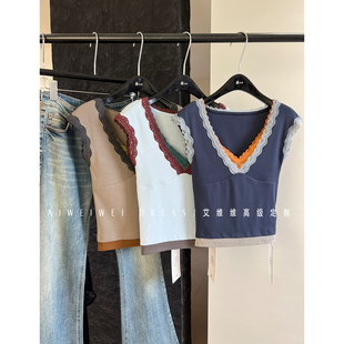小众设计师款｜重工蕾丝撞色拼接 收腰显瘦纸片人V领短袖T恤女夏