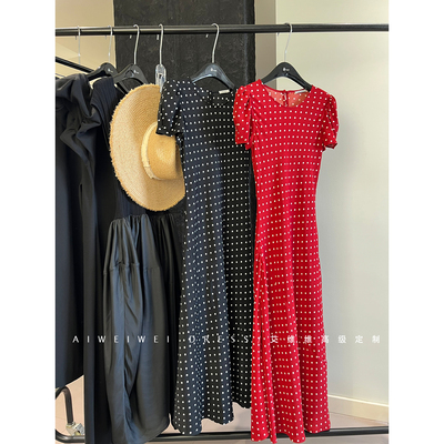 【斜裁收腰荷叶边】复古波点鱼尾长裙 小众设计师款泡泡袖连衣裙