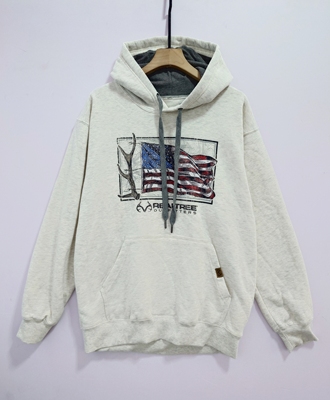 美潮 猎装品牌 REALTREE 米灰色 做旧印花 加绒连帽卫衣