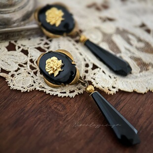 Neoclassicism手作黑宝石玫瑰复古斑驳黄铜耳夹 仅三对 售完无补