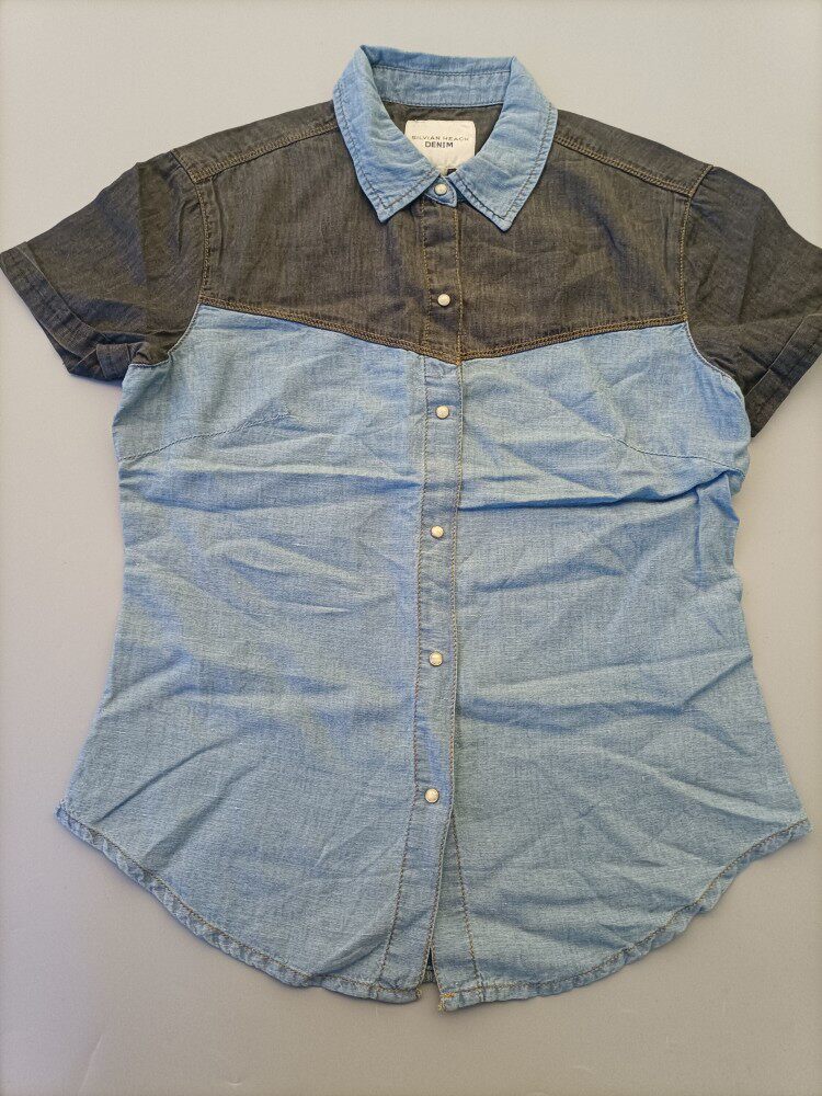 意大利童装外贸出口儿童男女童大童棉麻牛仔拼色短袖上衣衬衫衬衣