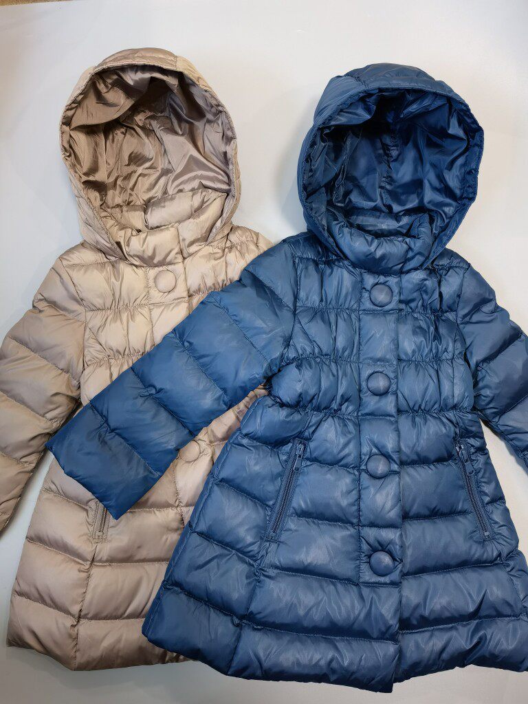 意大利外贸出口女童女孩儿童外套深孔雀蓝香槟色长款羽绒服