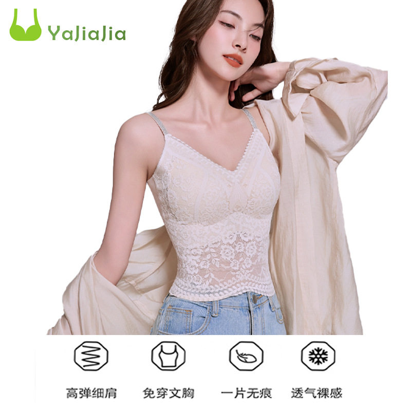 蕾丝美背吊带文胸一体式女性感内搭无钢圈带胸垫背心打底上衣