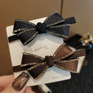 2025新款水钻蝴蝶结发夹女韩式丝带发饰头饰咖啡色鸭嘴夹侧边夹子
