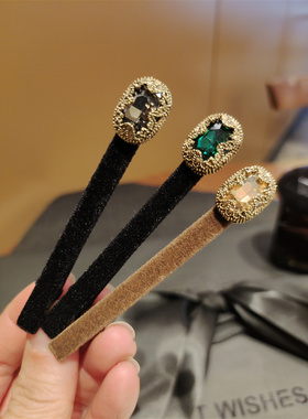 韩国复古绿色水钻发夹侧边夹刘海夹发饰头饰发夹鸭嘴夹女秋冬丝绒