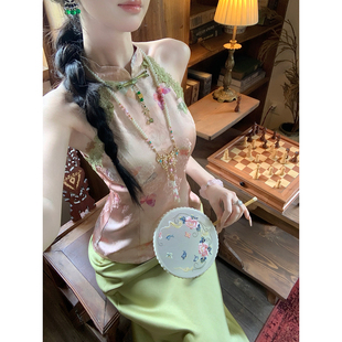国风人丝露肩上衣 Sun雅乔 桃花源 夏季 复古蝶戏牡丹提花新中式
