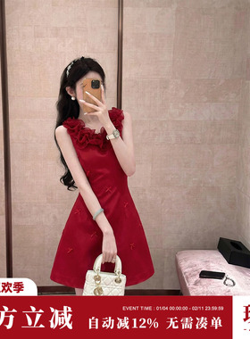 Sun雅乔 夏季新款无袖短款法式波浪卷边领口蝴蝶结收腰红色连衣裙