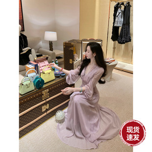 气质名媛 紫钉珠蕾丝V领复古灯笼袖 秋季 长袖 连衣裙 新款 Sun雅乔