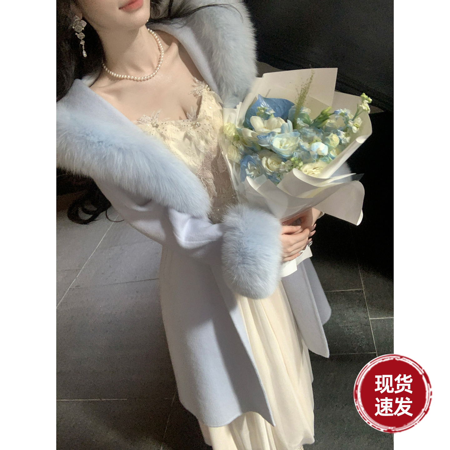 雅乔【冰川暖阳】冬装轻奢狐狸毛领双面毛呢羊毛大衣中长外套女