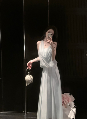 Sun雅乔【江百合】夏季气质优雅假两件不对称挂脖网纱雪纺连衣裙