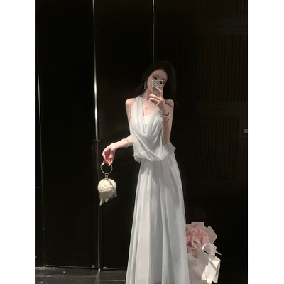 Sun雅乔【江百合】夏季气质优雅假两件不对称挂脖网纱雪纺连衣裙