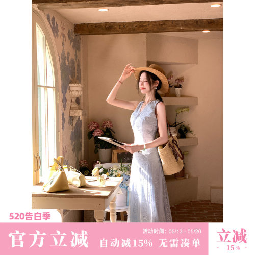 Sun雅乔【南法庄园】夏季韩系蕾丝背心V领无袖上衣半身裙两件套装