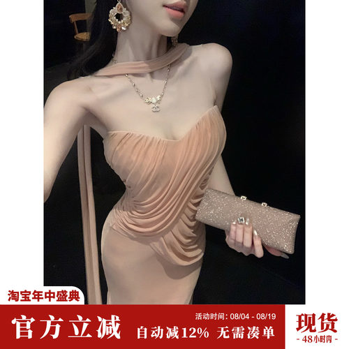 Sun雅乔【维纳斯】夏季抹胸裙手工抽褶弹力网纱挂脖飘带连衣裙