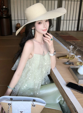 雅乔【精灵海】夏季无袖娃娃衫薄荷绿荷叶边蕾丝网纱背心上衣女