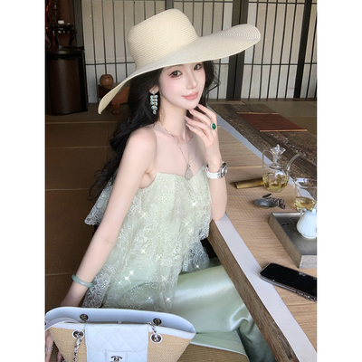 雅乔【精灵海】夏季无袖娃娃衫薄荷绿荷叶边蕾丝网纱背心上衣女