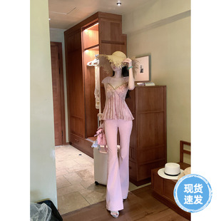 弹力显瘦大长腿甜美粉色裤 喇叭裤 修身 子微喇长裤 夏季 Sun雅乔 新款