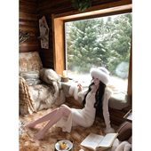 毛领连帽麻花针织长袖 Sun雅乔 稚白暖雾 连衣裙