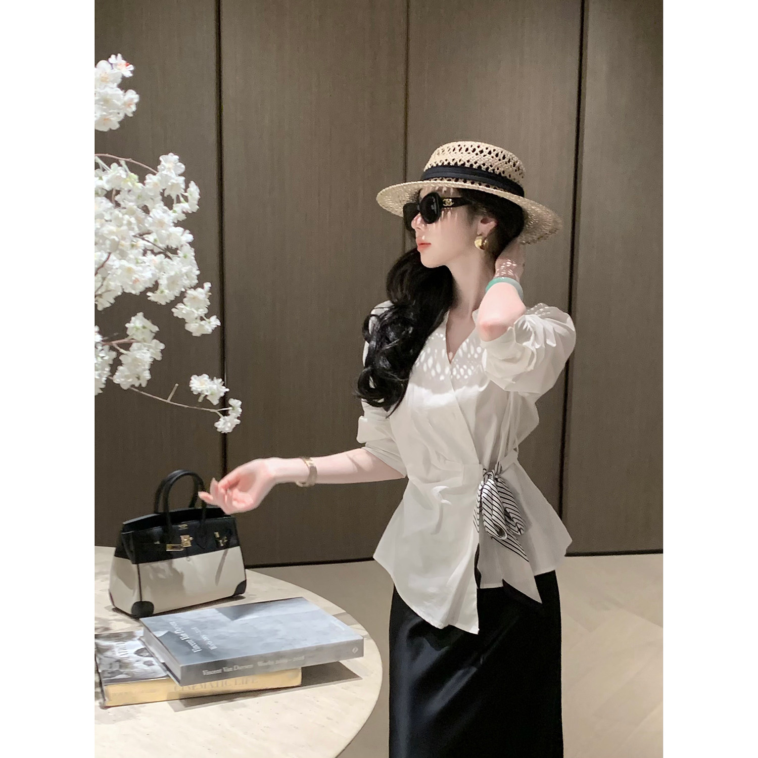 Sun雅乔【都市序章】早秋长袖设计感小众衬衣纯棉绑带白色衬衫女图片