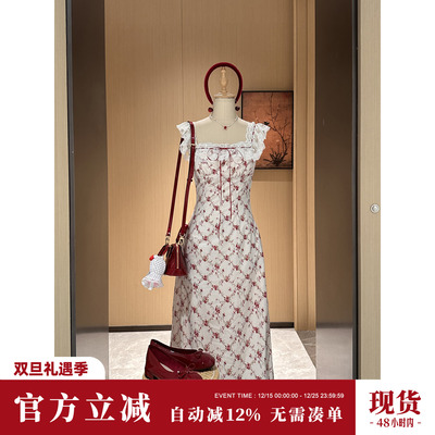 Sun雅乔【春田花花】夏季度假风甜美法式复古方领碎花蕾丝连衣裙