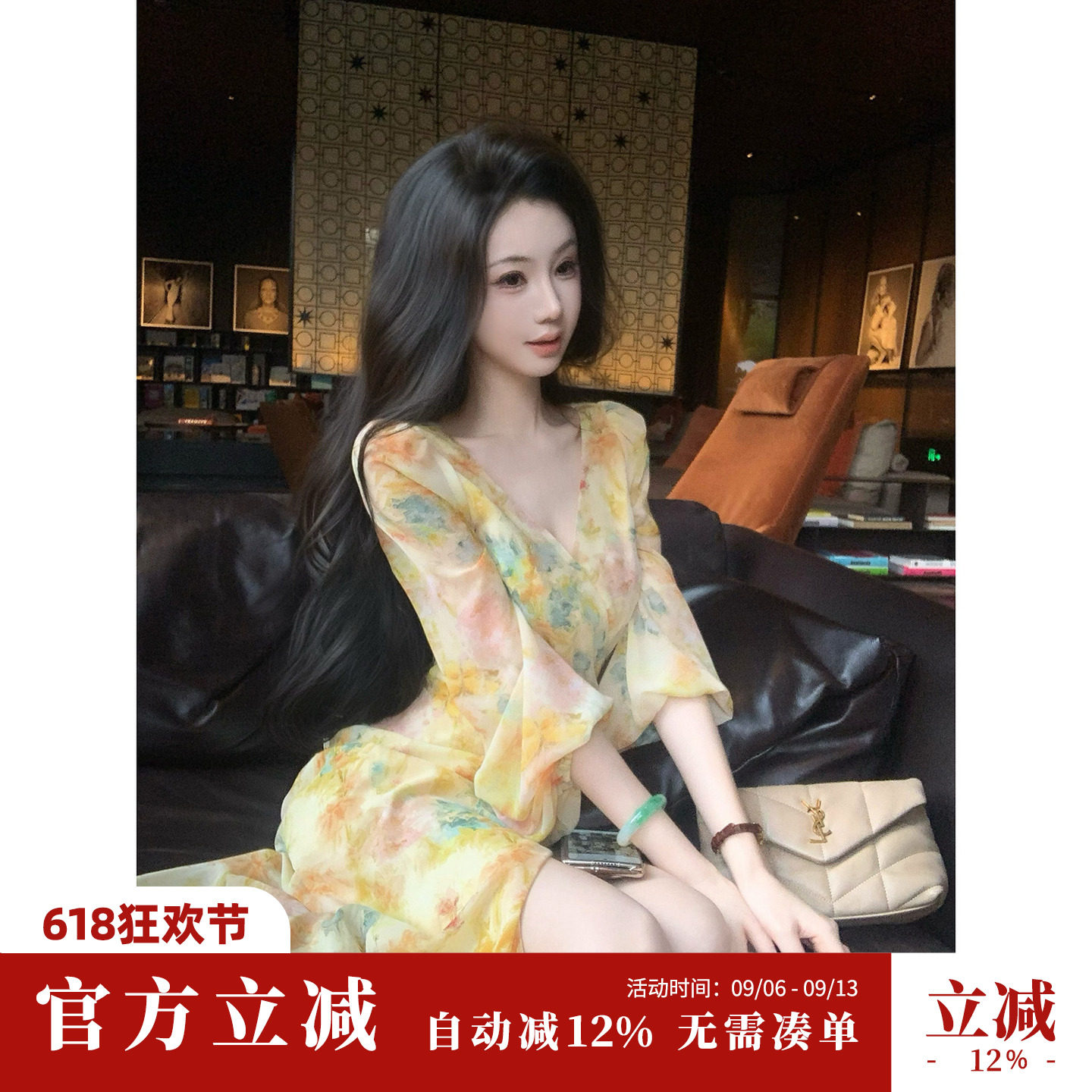 Sun雅乔【吉维尼花园】夏季海边度假灯笼袖水彩晕染油画连衣长裙图片