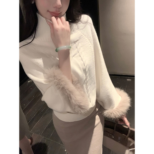 SYQIAO/Sun雅乔【富家姐姐】秋冬贵气毛袖麻花高领套头羊毛毛衣女