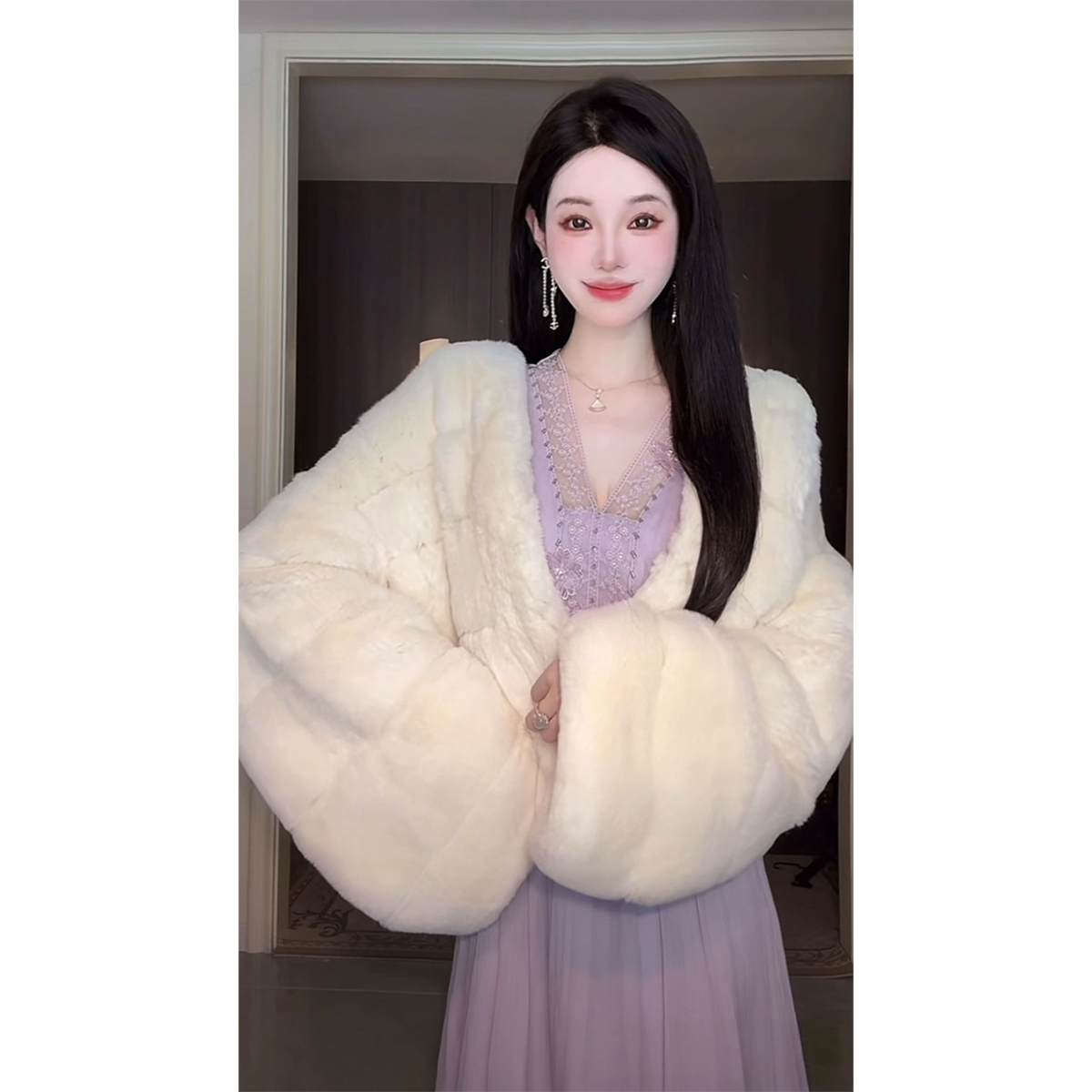 Sun雅乔【雪山来信】冬季贵妇草草高档进口懒兔毛皮草外套女秋冬