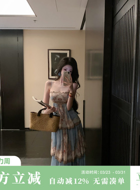 Sun雅乔【黄金海岸】夏季异域欧式度假印花大摆蛋糕裙吊带连衣裙