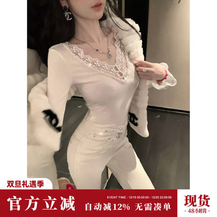 Sun雅乔 秋冬新款白色烫钻加绒牛仔裤女高腰修身显瘦小脚裤子