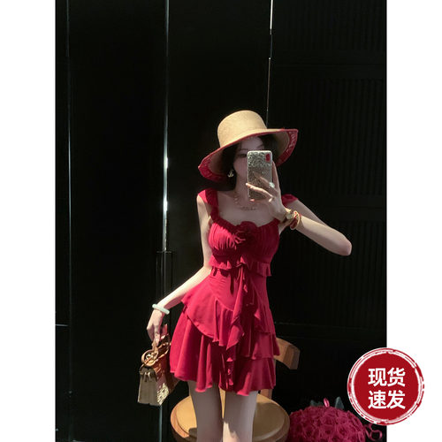 Sun雅乔【骄阳似火】夏季甜美沙滩雪纺荷叶边红色吊带短裙连衣裙