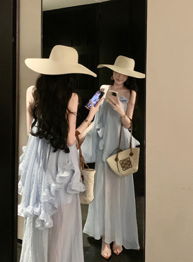 Sun雅乔【滨湖之恋】夏季蓝色小众不规则荷叶边天丝吊带连衣长裙