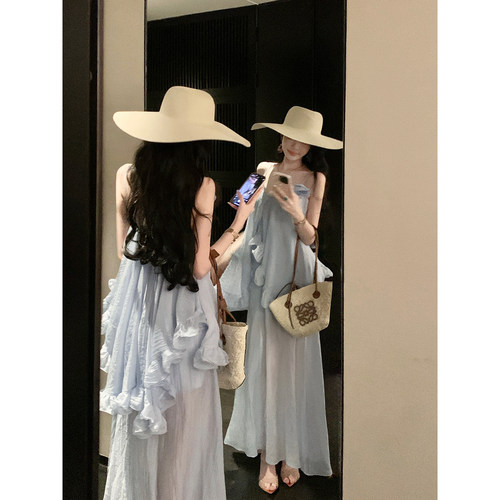Sun雅乔【滨湖之恋】夏季蓝色小众不规则荷叶边天丝吊带连衣长裙