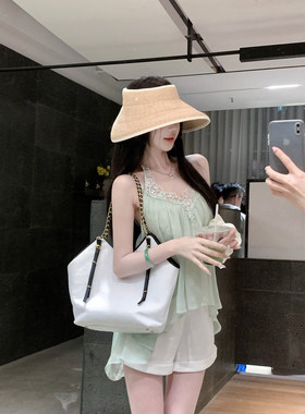 Sun雅乔【风与夏】夏季百搭简约白色重工蕾丝刺绣花边亚麻短裤女