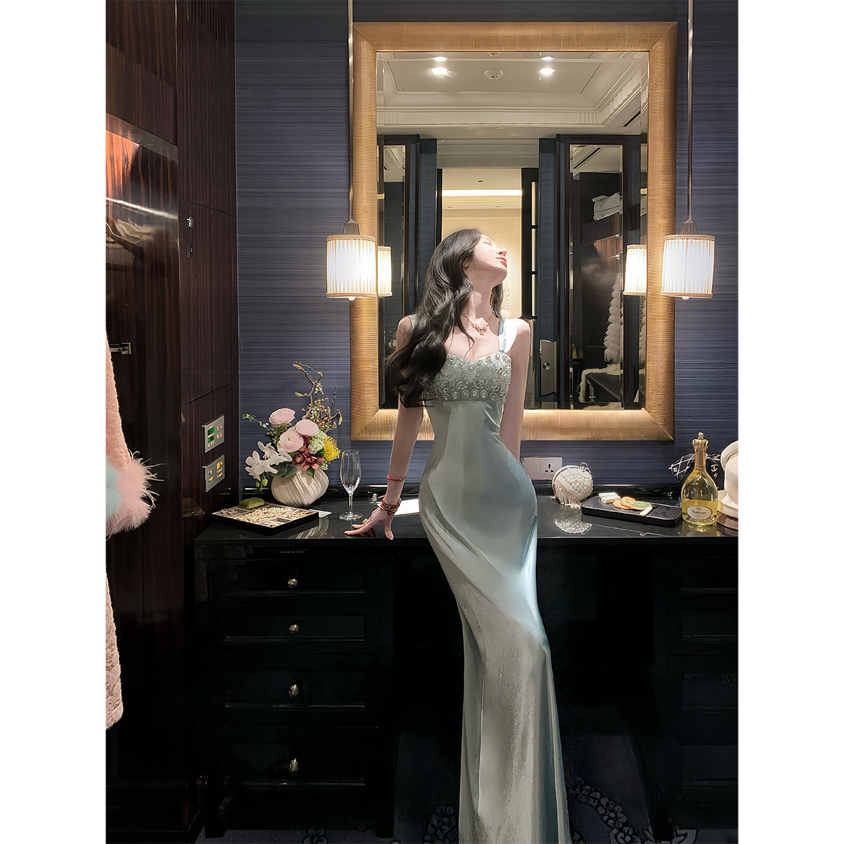 Sun雅乔【月光宝石】春装长款重工蕾丝刺绣钉钻吊带连衣裙礼服裙