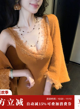Sun雅乔【伦敦秋色】秋冬新款无袖针织连衣裙羊驼毛蕾丝两件套装