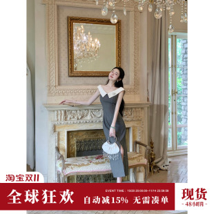 韩系通勤高级感灰白V领一字肩连衣裙女 夏季 Sun雅乔 优雅日常