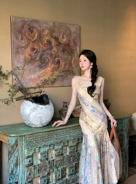 Sun雅乔【十四行诗】夏装小众设计师款蕾丝拼接修身鱼尾连衣长裙